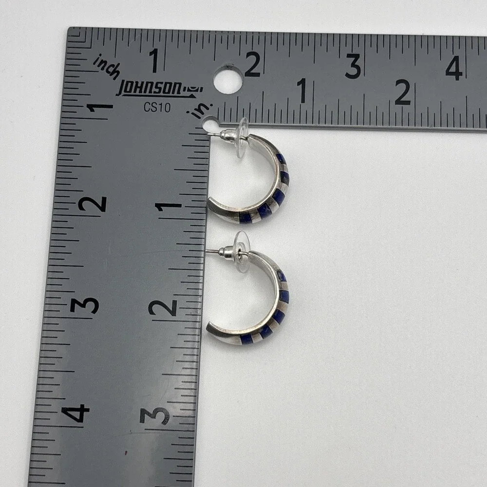 925 Sterling Silver And Lapis Lazuli Inlay Half Hoop Earrings